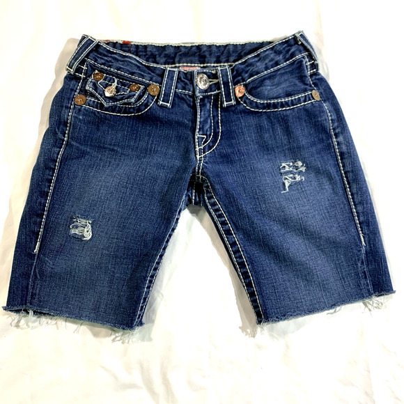 True Religion Women's Cuf Off Jean Shorts Distressed Frayed Hem Sz 27 Barneys - Picture 2 of 13